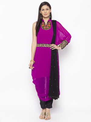 Nikhaar Creations Magenta Embroidered Georgette Asymmetrical Pant Kurta Dupatta