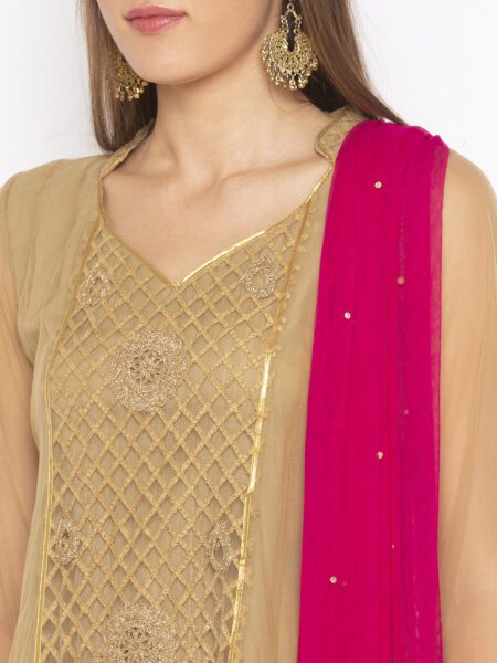 Nikhaar Creations Beige Embroidered Net Asymmetrical Pant Kurta Dupatta - Image 5