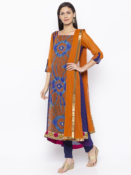 Nikhaar Creations Mustard Embroidered Georgette Asymmetrical Pant Kurta Dupatta - Image 3