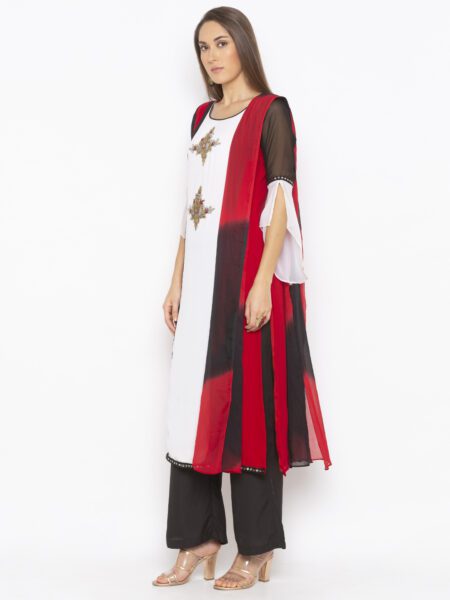 Nikhaar Creations Off White Embroidered Georgette Straight Cut  Culottes Kurta Dupatta - Image 3