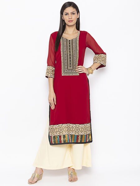 Nikhaar Creations Maroon Embroidered Georgette Straight Kurta - Image 2