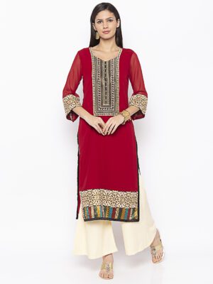 Nikhaar Creations Maroon Embroidered Georgette Straight Kurta