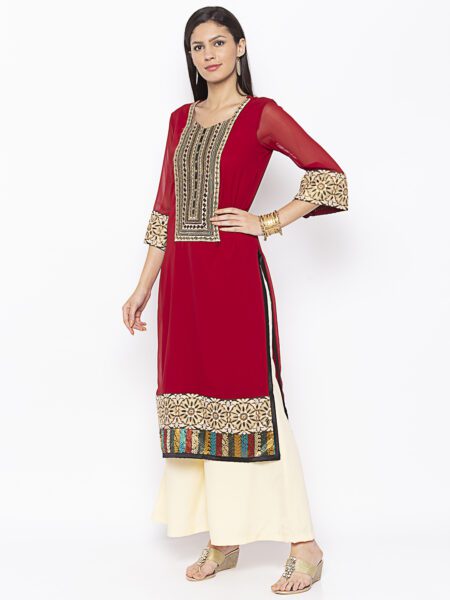 Nikhaar Creations Maroon Embroidered Georgette Straight Kurta - Image 3