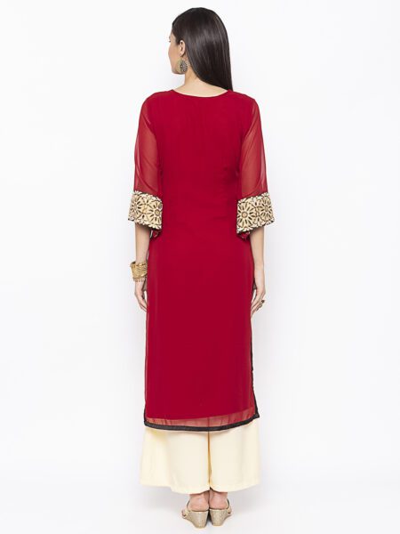 Nikhaar Creations Maroon Embroidered Georgette Straight Kurta - Image 4