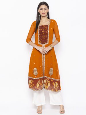 Nikhaar Creations Mustard Embroidered A Line Kurta