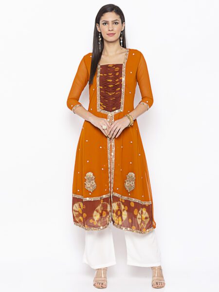 Nikhaar Creations Mustard Embroidered A Line Kurta