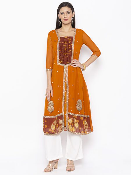 Nikhaar Creations Mustard Embroidered A Line Kurta - Image 2