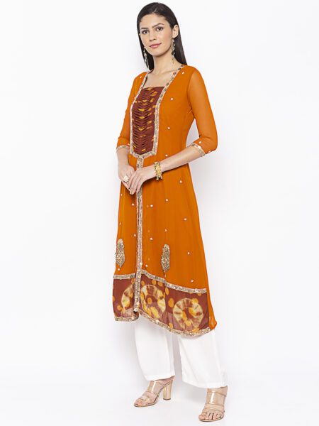 Nikhaar Creations Mustard Embroidered A Line Kurta - Image 3