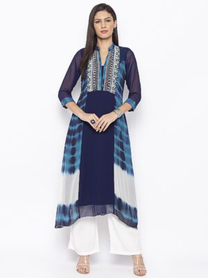 Nikhaar Creations Navy Blue Embroidered Georgette A Line Kurta