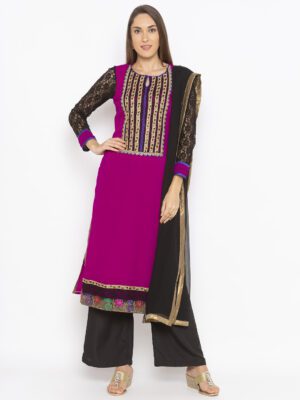 Nikhaar Creations Purple Embroidered Georgette Straight Culottes Kurta Dupatta