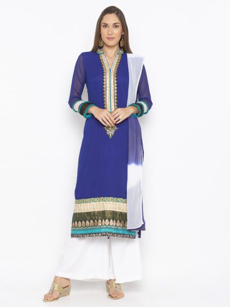 Nikhaar Creations Royal Blue Embroidered Georgette Straight Cut Palazzo Kurta Dupatta