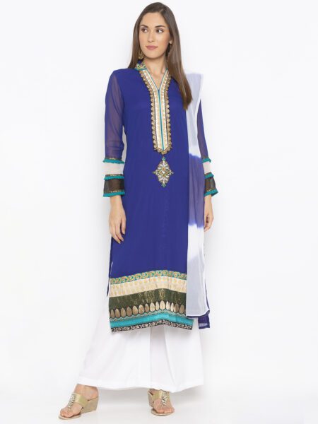 Nikhaar Creations Royal Blue Embroidered Georgette Straight Cut Palazzo Kurta Dupatta - Image 2