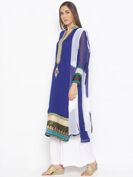 Nikhaar Creations Royal Blue Embroidered Georgette Straight Cut Palazzo Kurta Dupatta - Image 3