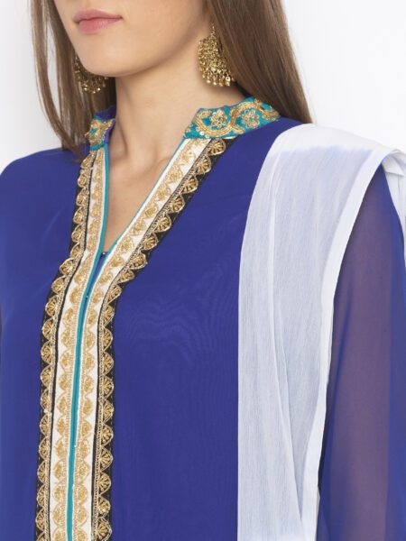 Nikhaar Creations Royal Blue Embroidered Georgette Straight Cut Palazzo Kurta Dupatta - Image 5