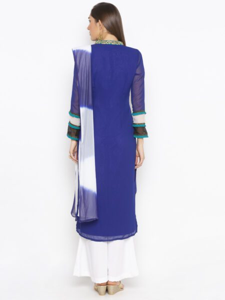 Nikhaar Creations Royal Blue Embroidered Georgette Straight Cut Palazzo Kurta Dupatta - Image 4