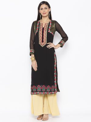 Nikhaar Creations Black Embroidered Georgette Straight Kurta Set