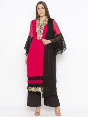 Nikhaar Creations Pink Embroidered Georgette Straight Culottes Kurta Dupatta