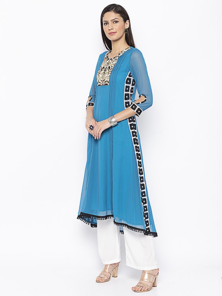Nikhaar Creations Blue Embroidered Asymmetrical Kurta - Womens Ethnic ...