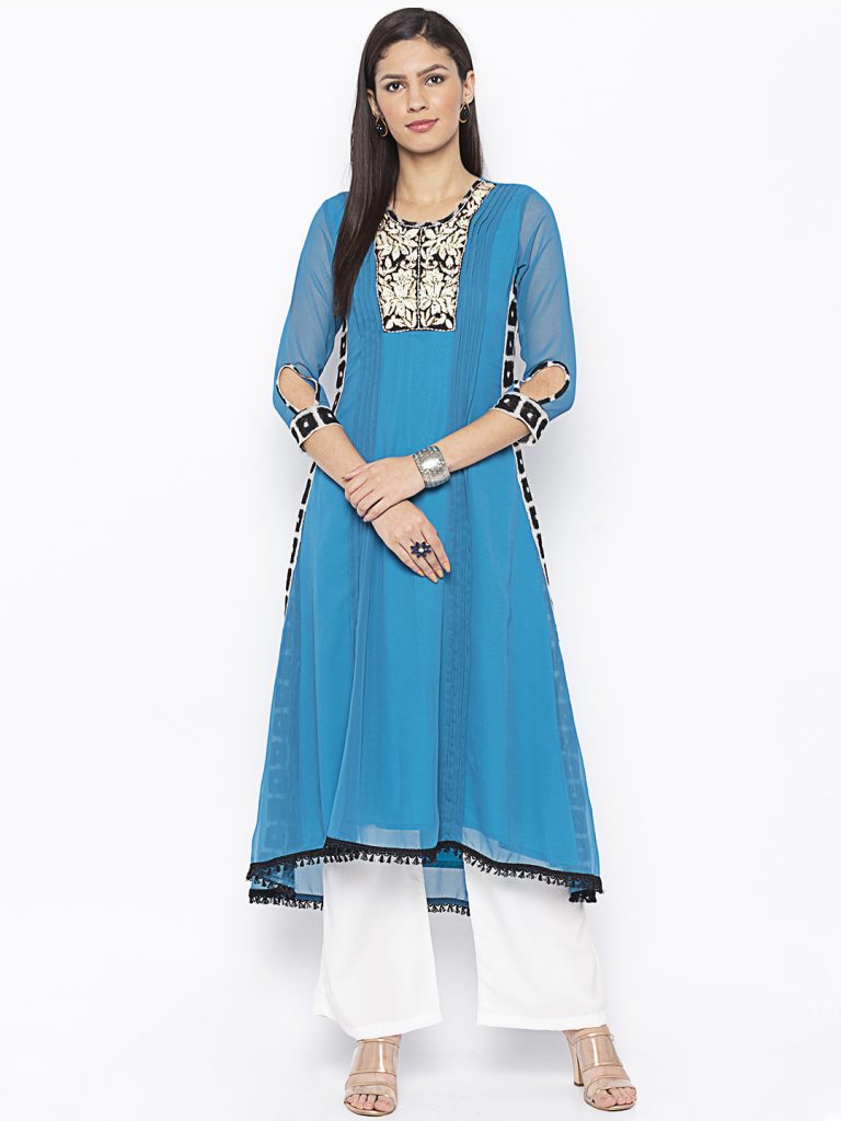 Blue Embroidered Round Neck Ethnic kurta