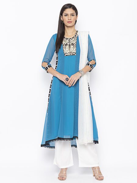 Nikhaar Creations Blue Embroidered Georgette Asymmetrical Culottes Kurta Dupatta