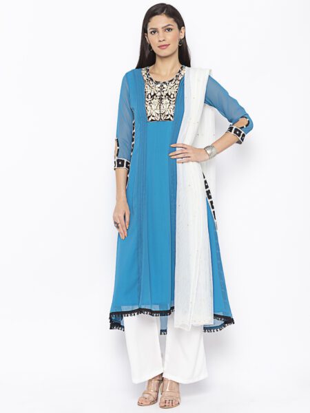 Nikhaar Creations Blue Embroidered Georgette Asymmetrical Culottes Kurta Dupatta - Image 2