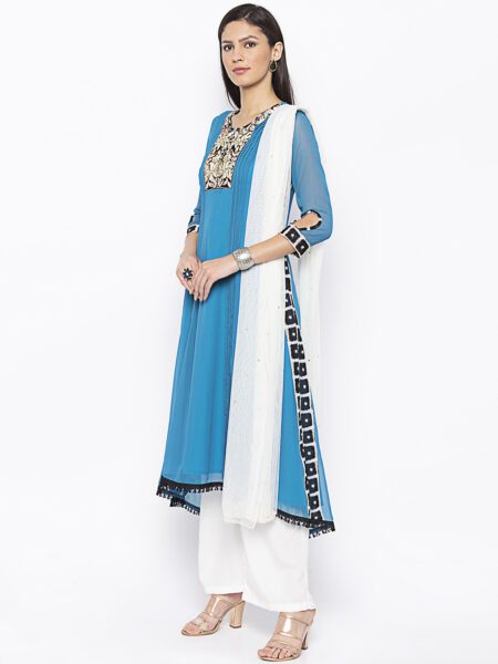 Nikhaar Creations Blue Embroidered Georgette Asymmetrical Culottes Kurta Dupatta - Image 3