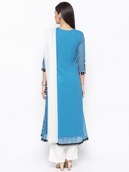 Nikhaar Creations Blue Embroidered Georgette Asymmetrical Culottes Kurta Dupatta - Image 4