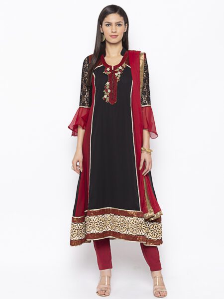 Nikhaar Creations Black Embroidered Georgette A Line Pant Kurta Dupatta