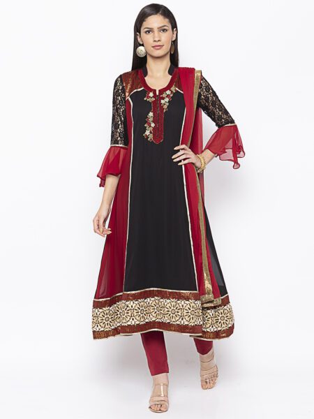 Nikhaar Creations Black Embroidered Georgette A Line Pant Kurta Dupatta - Image 2