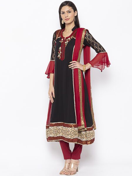 Nikhaar Creations Black Embroidered Georgette A Line Pant Kurta Dupatta - Image 3