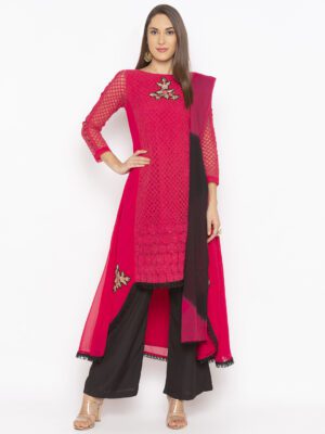 Nikhaar Creations Pink Embroidered Georgette Asymmetrical Culottes Kurta Dupatta