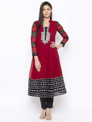 Nikhaar Creations Maroon Embroidered Georgette Kalidar Kurta