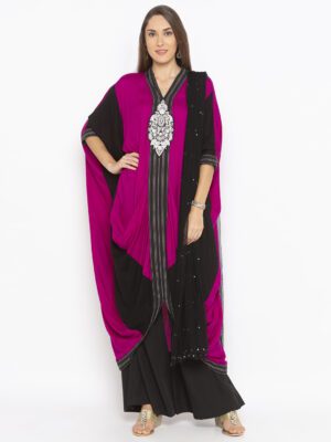 Nikhaar Creations Pink Embroidered Cotton Kaftan Style Palazzo Kurta Dupatta