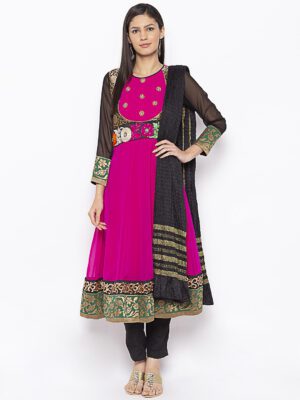 Nikhaar Creations Pink Embroidered Georgette Kalidar Pant Kurta Dupatta