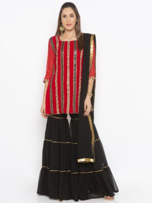 Nikhaar Creations Red Embroidered Georgette Sharara Kurta Dupatta Set