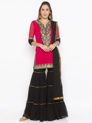 Nikhaar Creations Pink Embroidered Georgette Sharara Kurta Dupatta Set