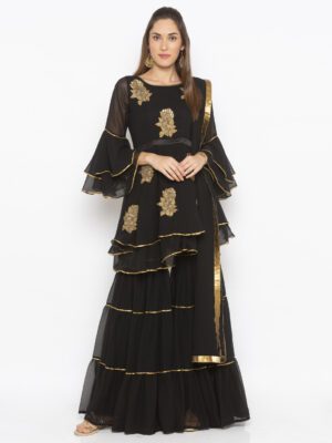 Nikhaar Creations Black Embroidered Georgette Sharara Kurta Dupatta
