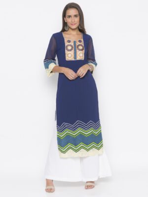 Nikhaar Creations Navy Blue Embroidered Crepe Straight Kurta