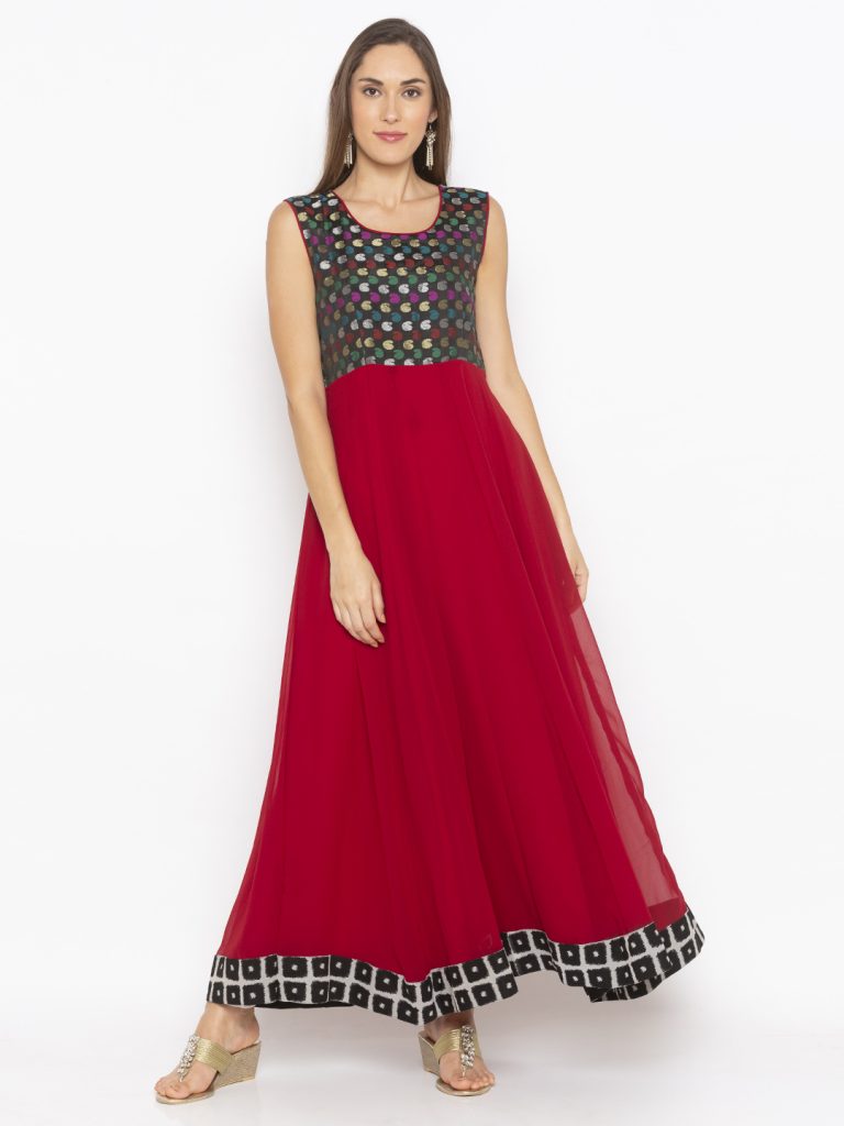 Nikhaar Creations Maroon Printed Georgette Kalidar Kurta - Womens ...