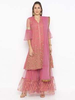 Nikhaar Creations Light Pink Embroidered Net Sharara Kurta Dupatta