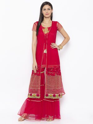 Nikhaar Creations Maroon Embroidered Straight Cut Kurta