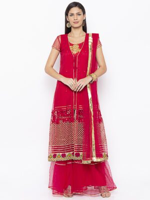 Nikhaar Creations Rani pink Embroidered Net Sharara Kurta Dupatta Set