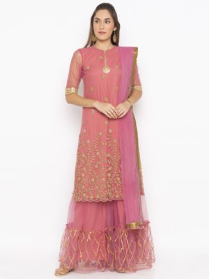 Nikhaar Creations light pink Embroidered Net Sharara Kurta Dupatta