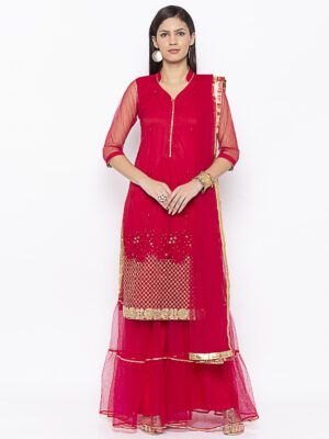 Nikhaar Creations Rani pink Embroidered Net Sharara Kurta Dupatta Set