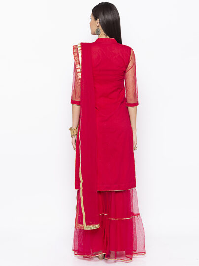 White and Orange Cotton Floral Hand Block Printed Sharara Kurta Dupatta Set with Lace Detailing for Women