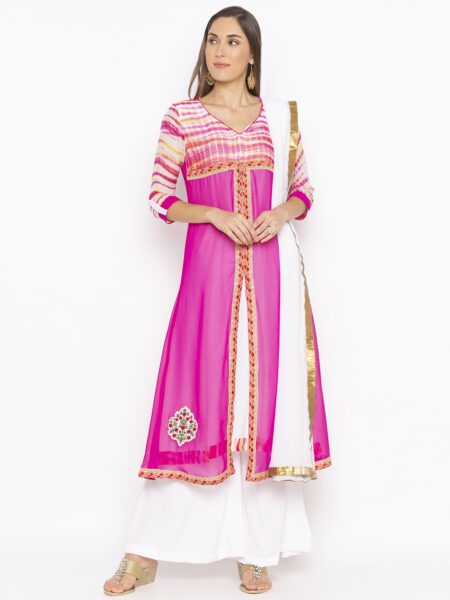 Nikhaar Creations Nikhaar Creations Pink Embroidered Georgette A Line Plazzo Kurta dupatta