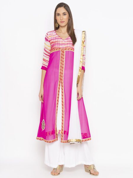 Nikhaar Creations Nikhaar Creations Pink Embroidered Georgette A Line Plazzo Kurta dupatta - Image 2