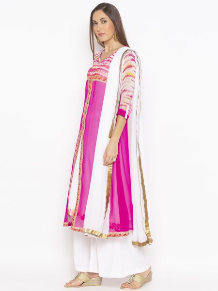 Nikhaar Creations Nikhaar Creations Pink Embroidered Georgette A Line Plazzo Kurta dupatta - Image 3