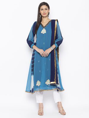 Nikhaar Creations Blue Embroidered Georgette A Line Trouser Kurta Dupatta