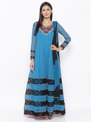 Nikhaar Creations Blue Embroidered Georgette Anarkali Trouser Kurta Dupatta